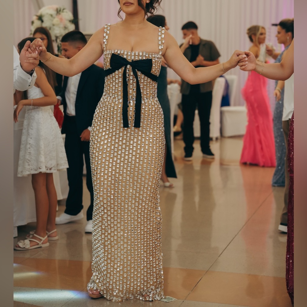 Glamorous Silver Rhinestone and Black Ribbon Women's Gown